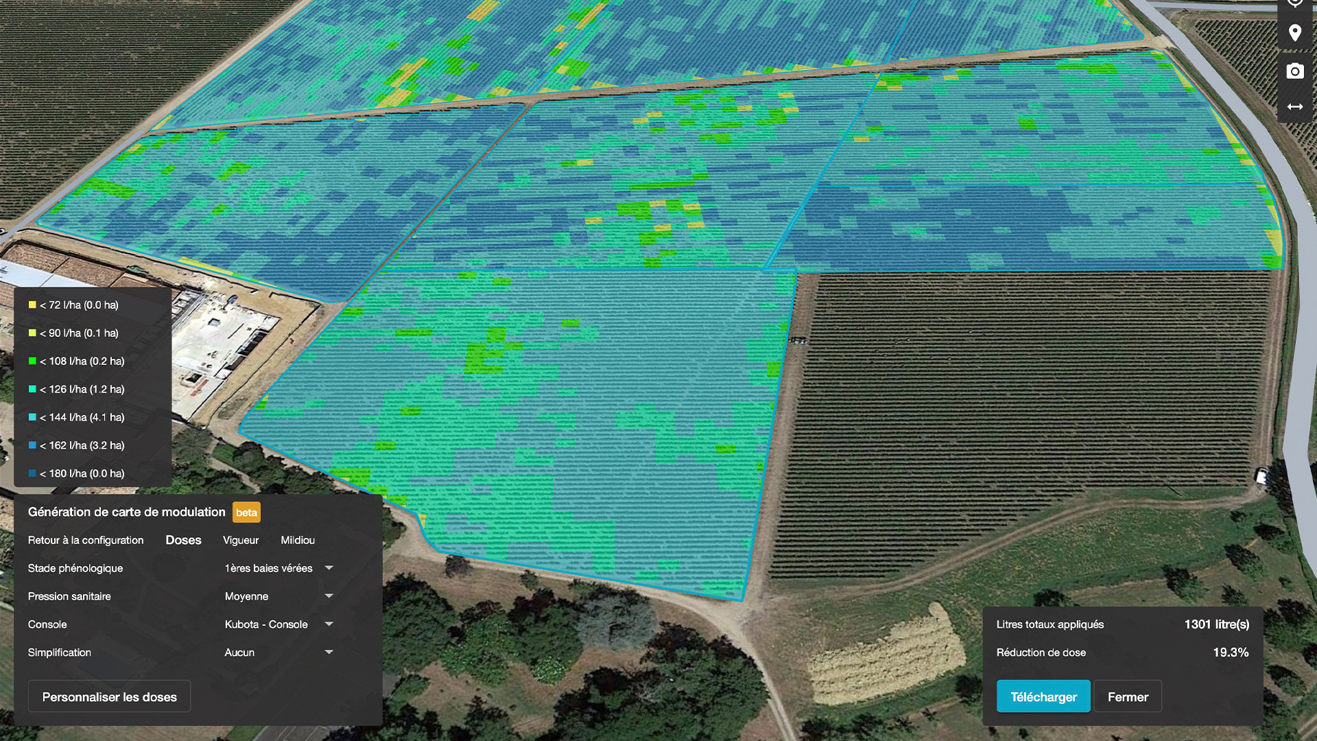 A detailed image of a vineyard with many parameters.